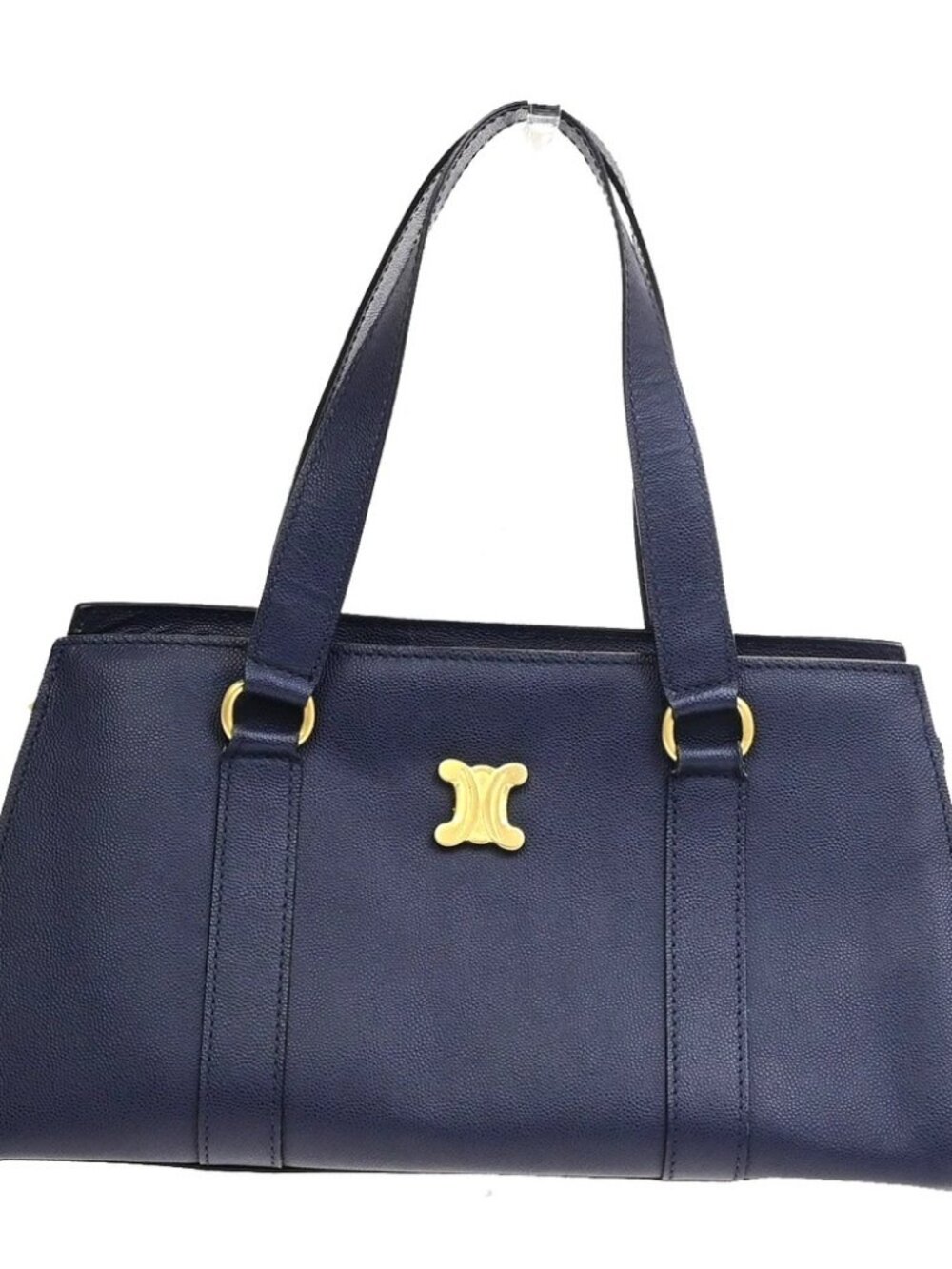 CELINE Logo Shoulder Hand Bag Grained Leather Navy Blue GHW Italy 65KD114